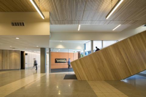 Entrance foyer featuring blonde wood paneling and tile at new Christchurch Hospital Outpatients building