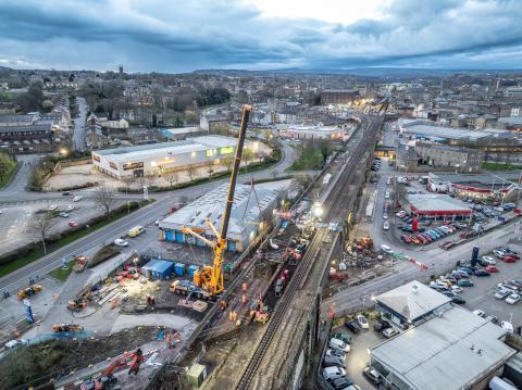 Aerial view of works on railway line during the day.