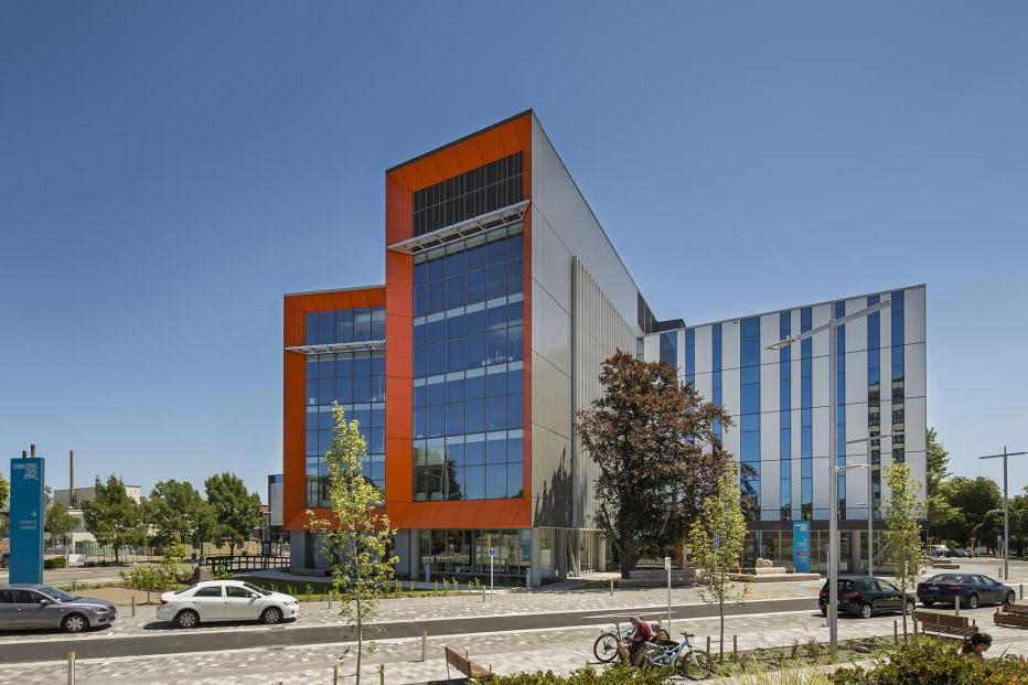 External view of the new Christchurch Hospital Outpatients Building on a sunny day