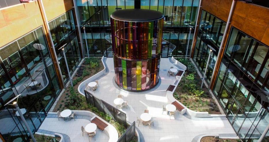 Looking down into the sun-filled atrium at the Blacktown Mount Druitt Hospital